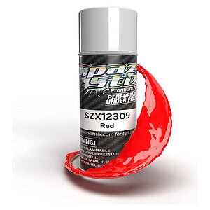 Bright red RC car paint spray can with black and white label, high-quality finish.