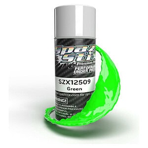 Vibrant green spray paint can for RC cars, high-performance model paint, durable RC vehicle paint.