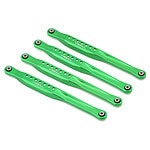 Lightweight green aluminum RC car suspension arms for off-road racing.