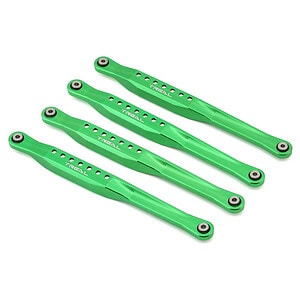 Lightweight green aluminum RC car suspension arms for off-road racing.