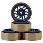 Blue anodized RC car wheels with gold foam tires for off-road racing.