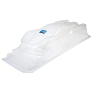 Lightweight RC car body shell for 1/10 scale off-road vehicles. Durable plastic with detailed design.
