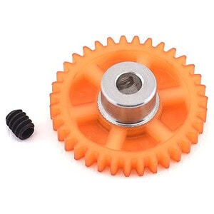 High-quality orange plastic gear for RC car, with metal hub and rubber bushing for durability and performance.
