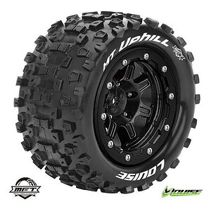 Durable rubber RC tire with aggressive tread for off-road terrain.