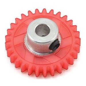 High-quality red plastic gear with metal center for RC car performance upgrades and durability.