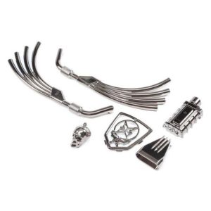 High-quality RC car metal parts for upgrades and repairs, including exhaust, gear, and skull accents.