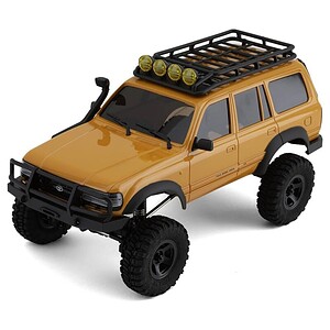 Detailed image of a yellow RC off-road SUV with large tires, roof rack, and front bumper for rugged terrains. Perfect for RC car enthusiasts and off-road racing fans.