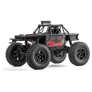 High-performance rugged RC car with large tires and shock absorbers.