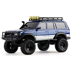 Detailed scale RC off-road vehicle with rugged tires, roof rack, and off-road accessories.