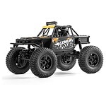 Removable, large knobby tires on a durable RC car chassis designed for off-road racing and hobby enthusiasts.