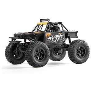 Removable, large knobby tires on a durable RC car chassis designed for off-road racing and hobby enthusiasts.