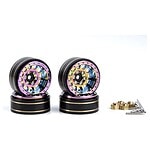 Colorful alloy RC car wheels with gold and pink accents, included hardware for installation.