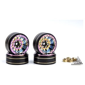 Colorful alloy RC car wheels with gold and pink accents, included hardware for installation.