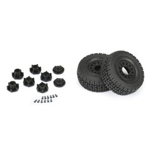 Durable RC car tires with mounting hardware for off-road racing and rugged terrain.