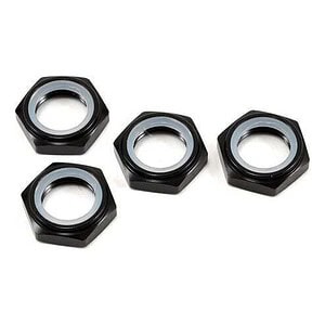 Close-up of black hex nuts for RC cars, perfect for upgrading and repairing remote control vehicle accessories.