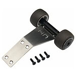 Close-up of durable black RC car wheels with mounting hardware and metal bracket for remote control vehicles.