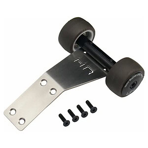 Close-up of durable black RC car wheels with mounting hardware and metal bracket for remote control vehicles.
