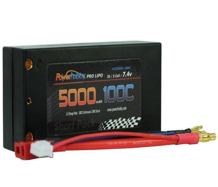 PowerHobby 2S 7.4V 5000mAh 100C Shorty Lipo Battery w 4mm Bullet Connectors  PHB2S5000100CDNS
