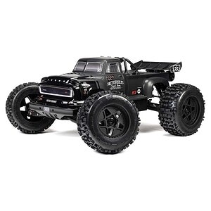 Durable black RC off-road truck with oversized tires and detailed design. Perfect for hobbyists and racing enthusiasts.