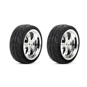 High-performance RC car wheels with chrome rims and durable rubber tires for remote control cars.