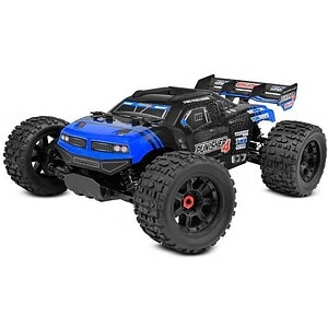 High-performance RC car with large tires and advanced suspension for off-road racing.