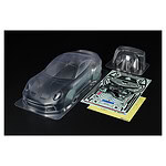 Highly detailed clear plastic RC car body shell with decals and accessories. Perfect for assembling and customizing RC cars for racing or hobby use.
