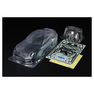 Highly detailed clear plastic RC car body shell with decals and accessories. Perfect for assembling and customizing RC cars for racing or hobby use.