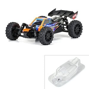 High-performance remote control off-road car with large tires and shock absorbers for racing.