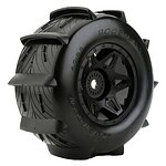 Durable black RC off-road tire with aggressive tread for all terrain racing and crawling.