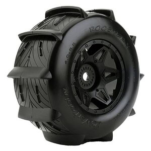 Durable black RC off-road tire with aggressive tread for all terrain racing and crawling.