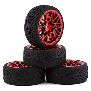 Yeah Racing Spec T Pre-Mounted On-Road Touring Tires w/LS Wheels (Red) (4) w/12mm Hex & 3mm Offset YEA-WL-0108