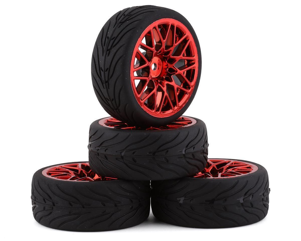 Yeah Racing Spec T Pre-Mounted On-Road Touring Tires w/LS Wheels (Red) (4) w/12mm Hex & 3mm Offset YEA-WL-0108