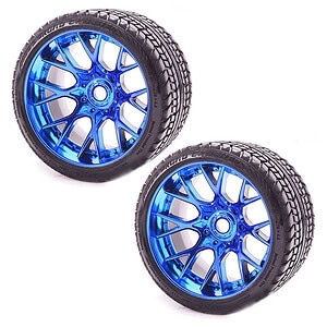 Sweep Road Crusher Pre-Glued Belted Tire Set - Blue Chrome Wheel (2pc Set)