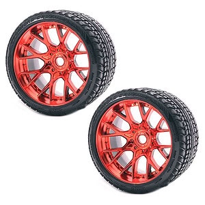 Sweep Road Crusher Pre-Glued Belted Tire Set - Red Chrome Wheel (2pc Set)