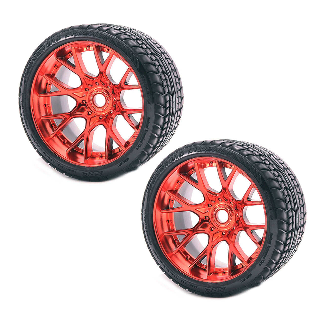 Sweep Road Crusher Pre-Glued Belted Tire Set - Red Chrome Wheel (2pc Set)