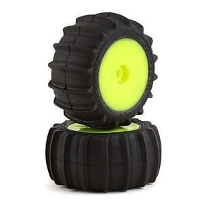 Highly durable black off-road RC car tires with neon yellow centers, perfect for rugged terrain.