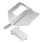 Metal RC car chassis and battery holder for remote control vehicles.