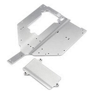 Metal RC car chassis and battery holder for remote control vehicles.