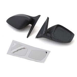 Replacement black side mirrors for remote control cars, includes stickers for customization.