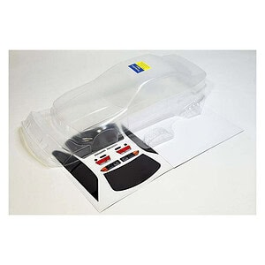 High-quality transparent RC car body shell with detailed decals and part accessories, ideal for customizing remote control cars.