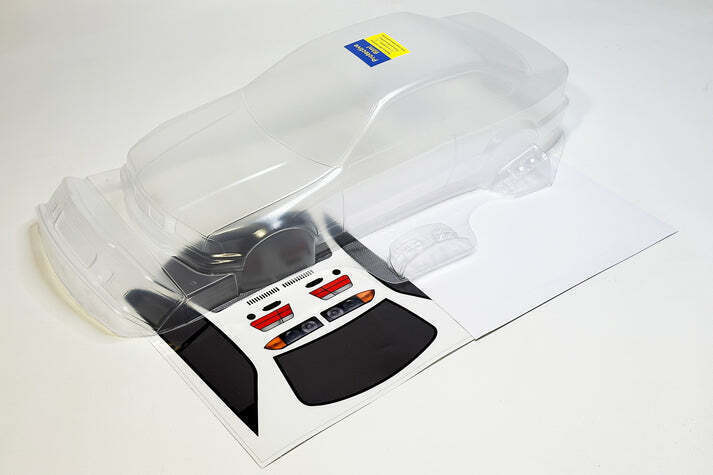 High-quality transparent RC car body shell with detailed decals and part accessories, ideal for customizing remote control cars.