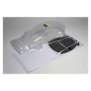 Detailed clear RC car body shell with stickers for remote control vehicle customization.