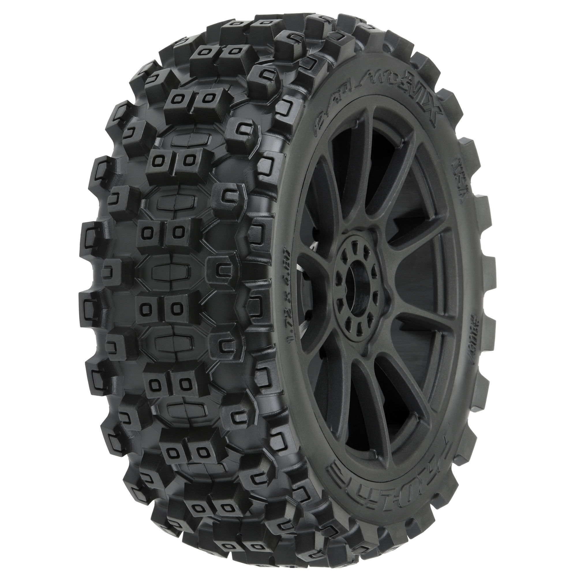 High-traction RC car tire with aggressive tread pattern for outdoor racing and off-road adventures.
