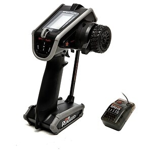 Remote control transmitter for RC cars with precision steering wheel and digital display.