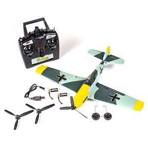 Radio-controlled military warbird model with electric motors, remote control, and replacement parts for RC airplane enthusiasts.