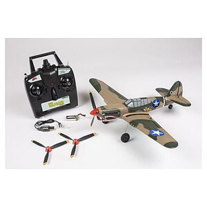Remote control military aircraft with propeller and camouflage design.