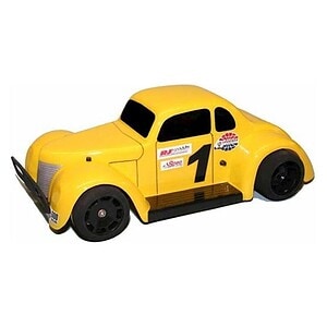 Bright yellow RC race car with racing decals and black wheels, perfect for remote control car enthusiasts.