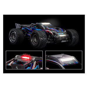 High-performance RC car with rugged tires and advanced LED lighting for off-road racing.