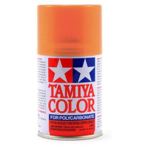 Bright orange Tamiya spray paint for RC car polycarbonate bodies and model customization.