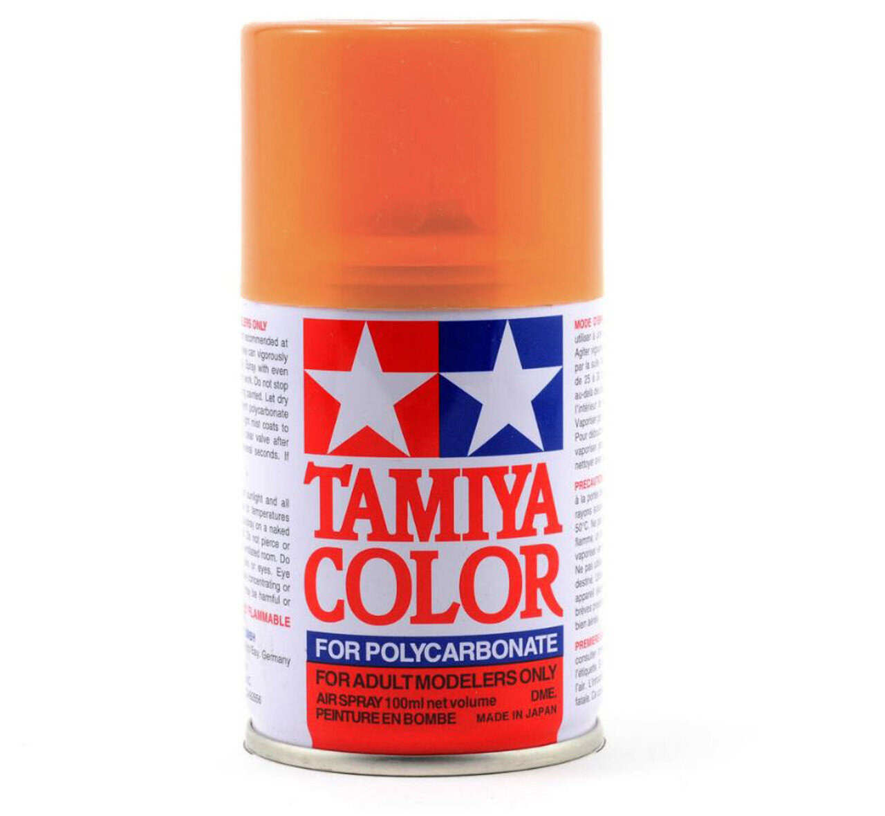 Bright orange Tamiya spray paint for RC car polycarbonate bodies and model customization.